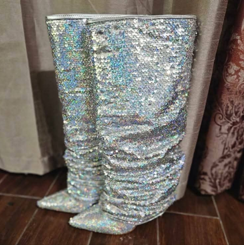 Azalea Wang Silver Sequin Slouch Boot